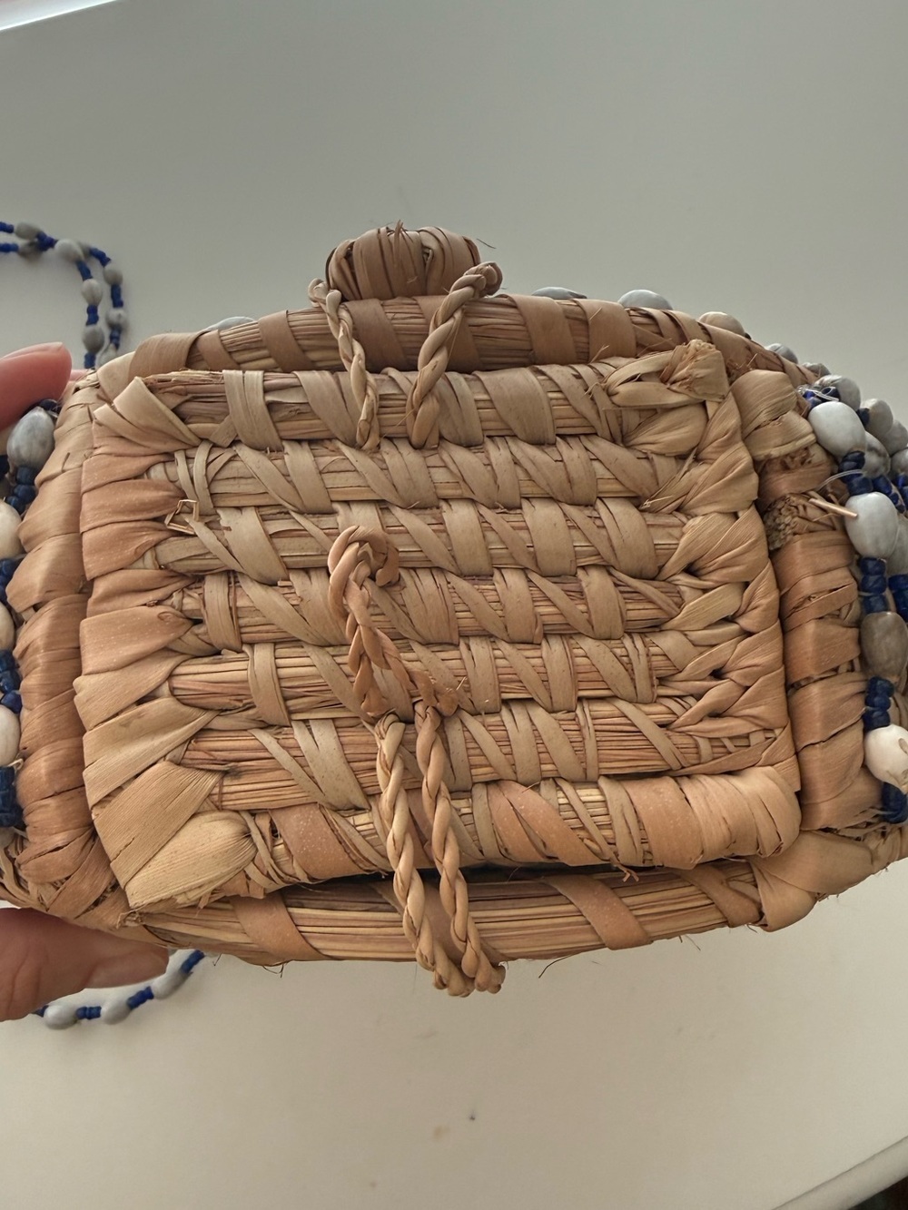 Vintage Beaded Straw Crossbody Bag Boho Coastal Woven Shell Purse - Picture 7 of 9